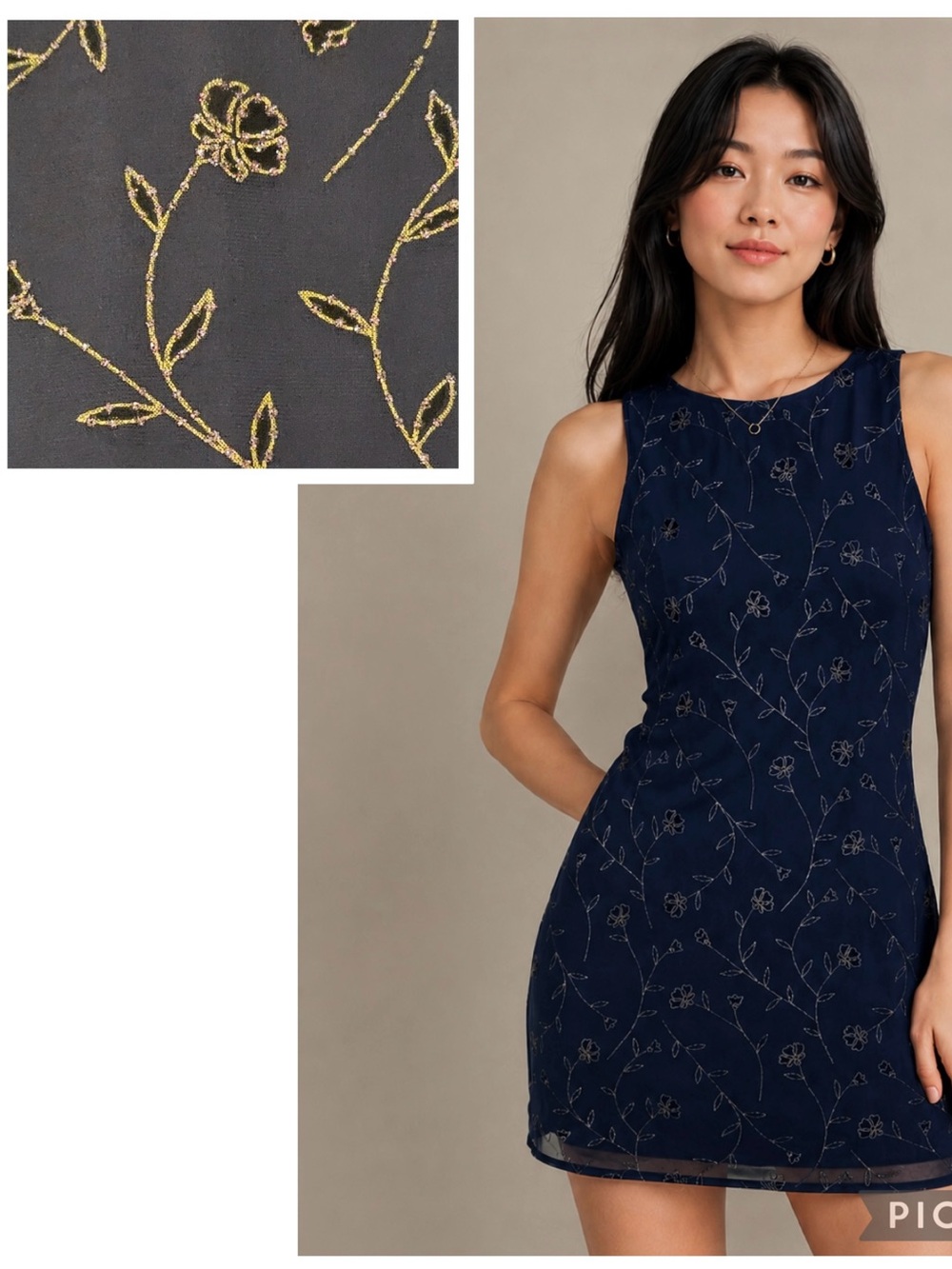Navy Floral Sheer gold trim 90s Y2K Retro vintage mini dress women dress size L